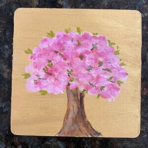 Hand painted watercolor original painting wooden coaster cherry blossom